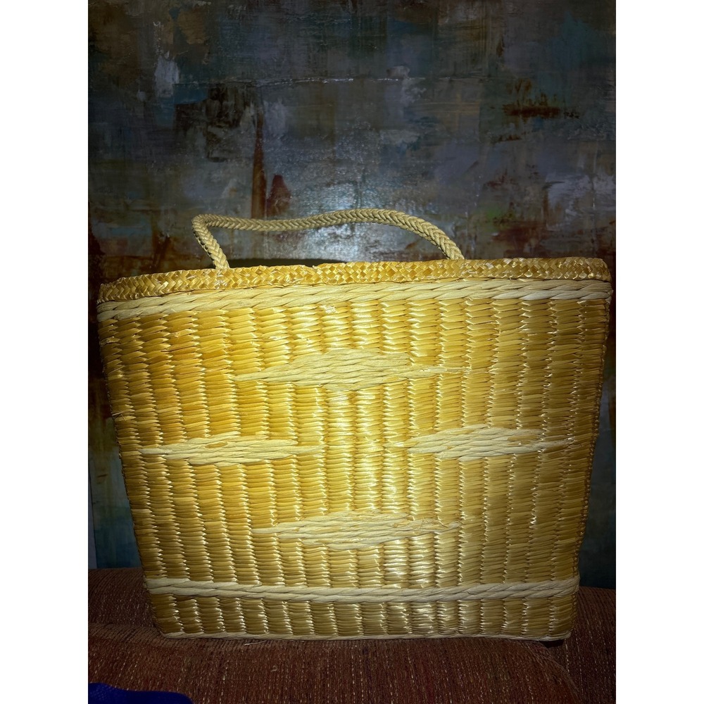 Vintage Woven Straw Tote Bag Yellow Lined Beach Market Purse Tan Braided Handles